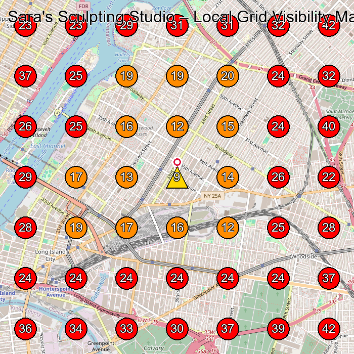 Sara's Sculpting Studio GeoGrid visibility map for Wellness Center in Queens